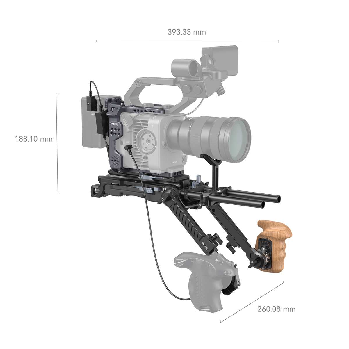 SmallRig 4125 Shoulder Rig Kit für Sony FX6 – Detailansicht mit Maßangaben zur Gesamtlänge und Höhe des Setups