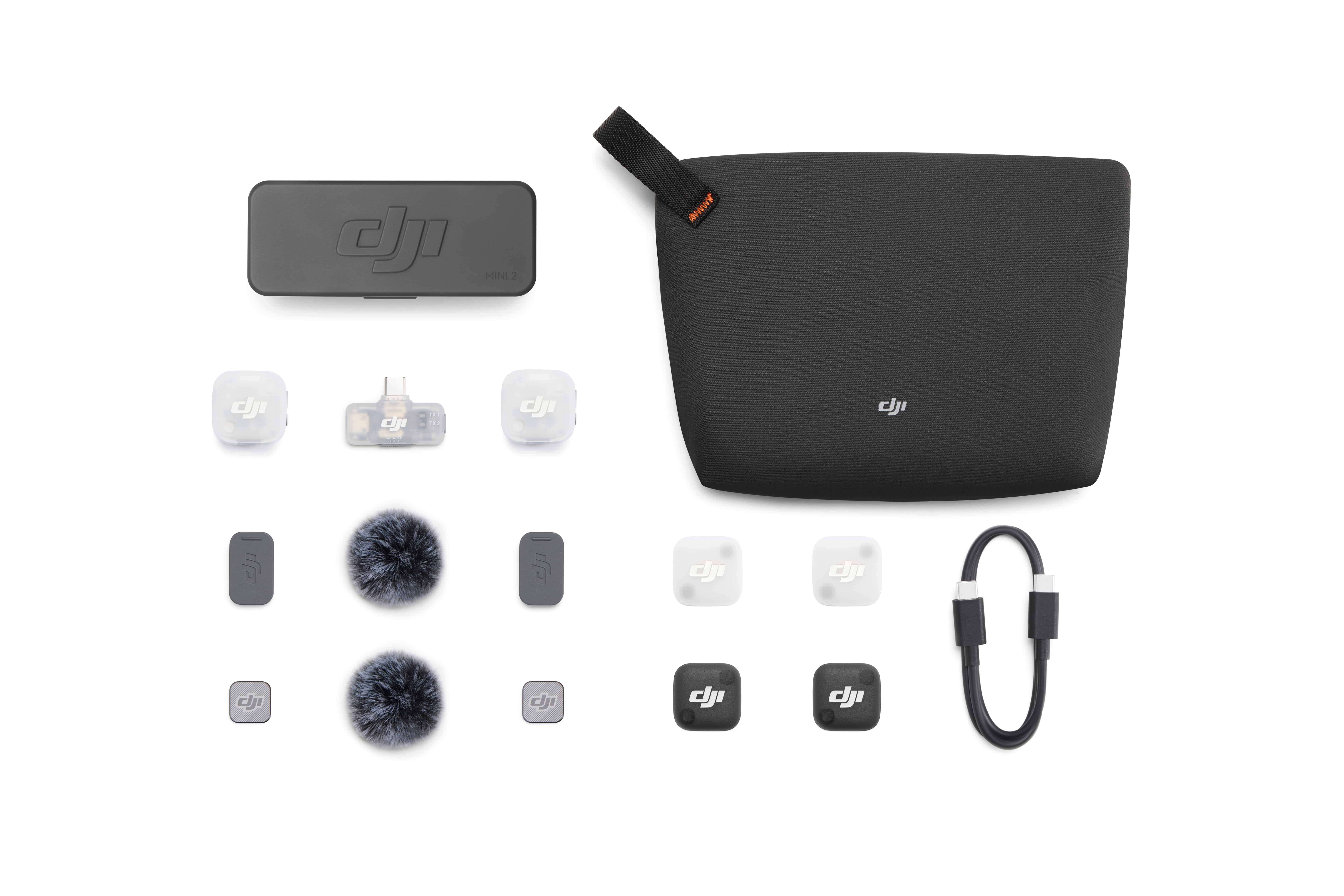 DJI Mic Mini 2 – Set mit zwei Sendern, mobilem Empfänger, Ladeschale, Windschutz und Zubehör im Überblick