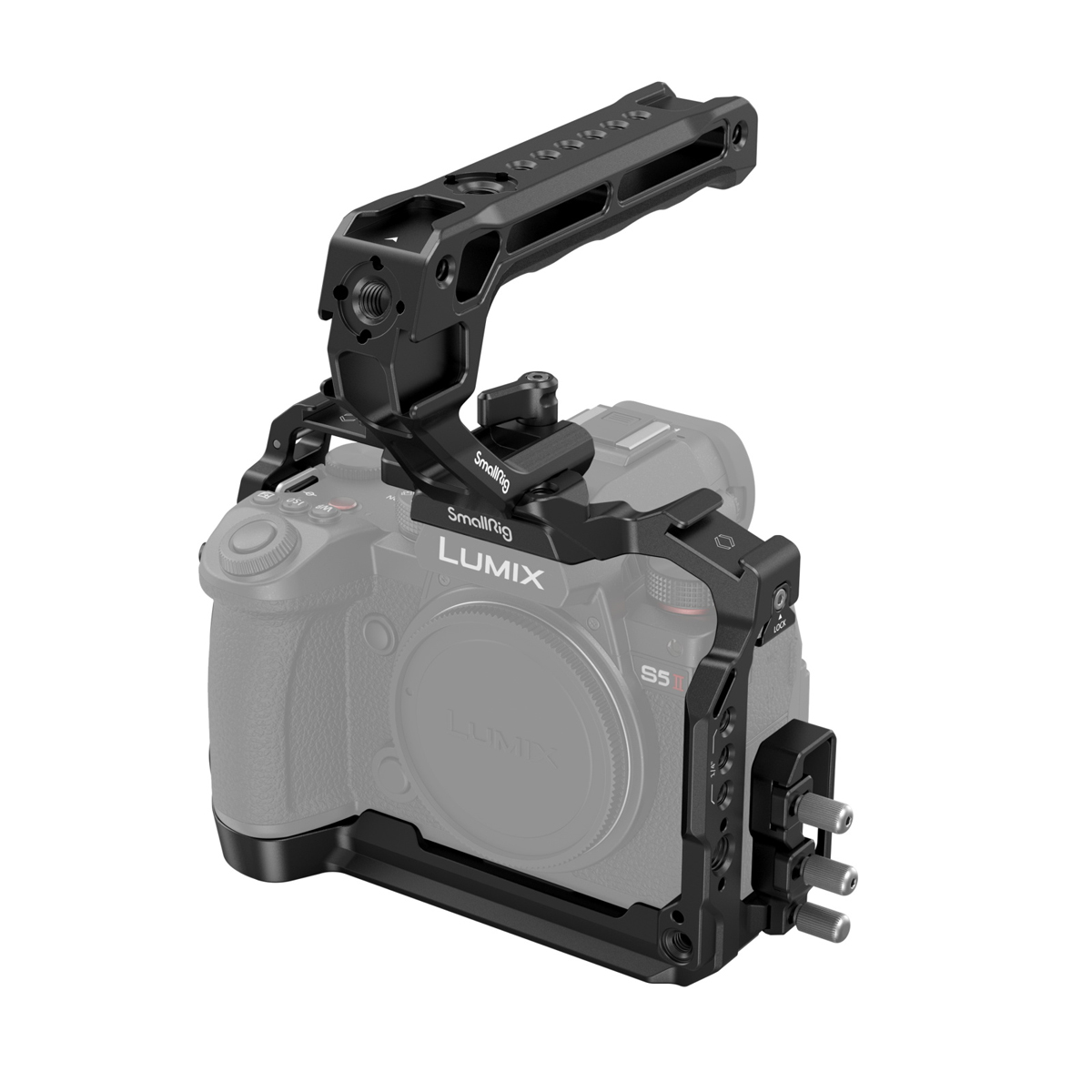 SmallRig Cage Kit für Panasonic Lumix G9 II / S5 II / S5 IIX – schräge Ansicht mit montiertem Top-Handle
