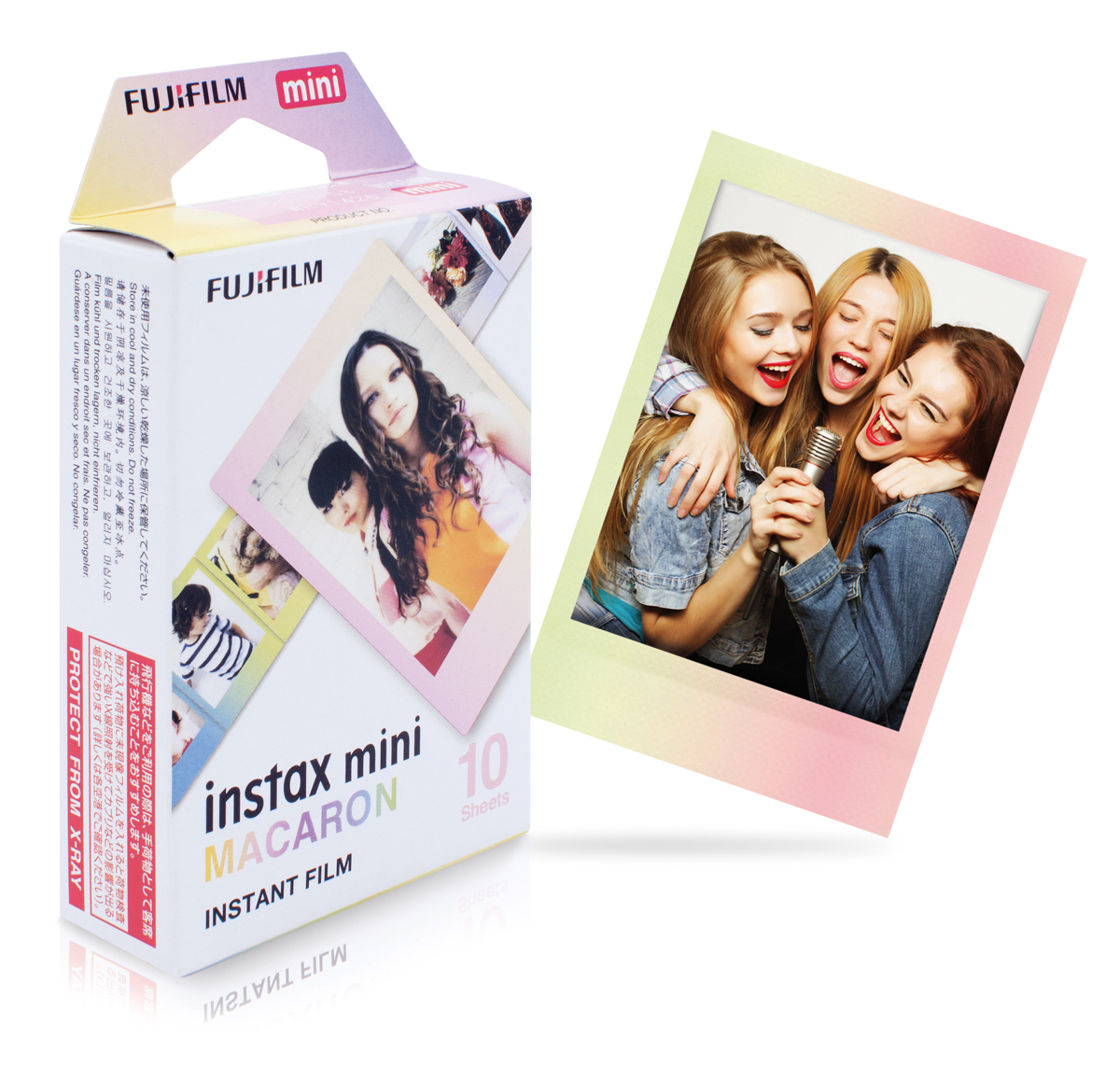 Fujifilm Instax Mini Macaron Instant Film – schräge Ansicht der Verpackung und Beispielbild mit farbigem Rahmen, 10 Aufnahmen
