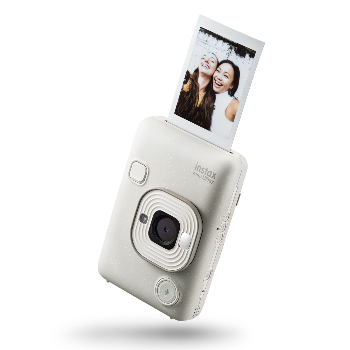 Fujifilm Instax Mini LiPlay Misty White – Frontansicht mit ausgegebenem Sofortbild und integriertem Objektiv