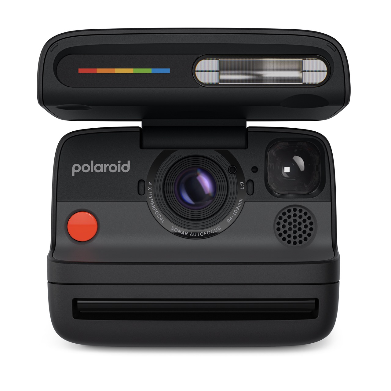 Polaroid Flip Sofortbildkamera in Schwarz – Vorderansicht mit Objektiv, Blitzmodul und Auswurfschlitz für Sofortbilder
