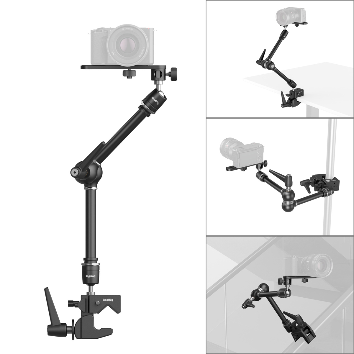 SmallRig 4862 Super Clamp mit Magic Arm – montiert an Tischkante und Rohr zur Befestigung einer Kamera