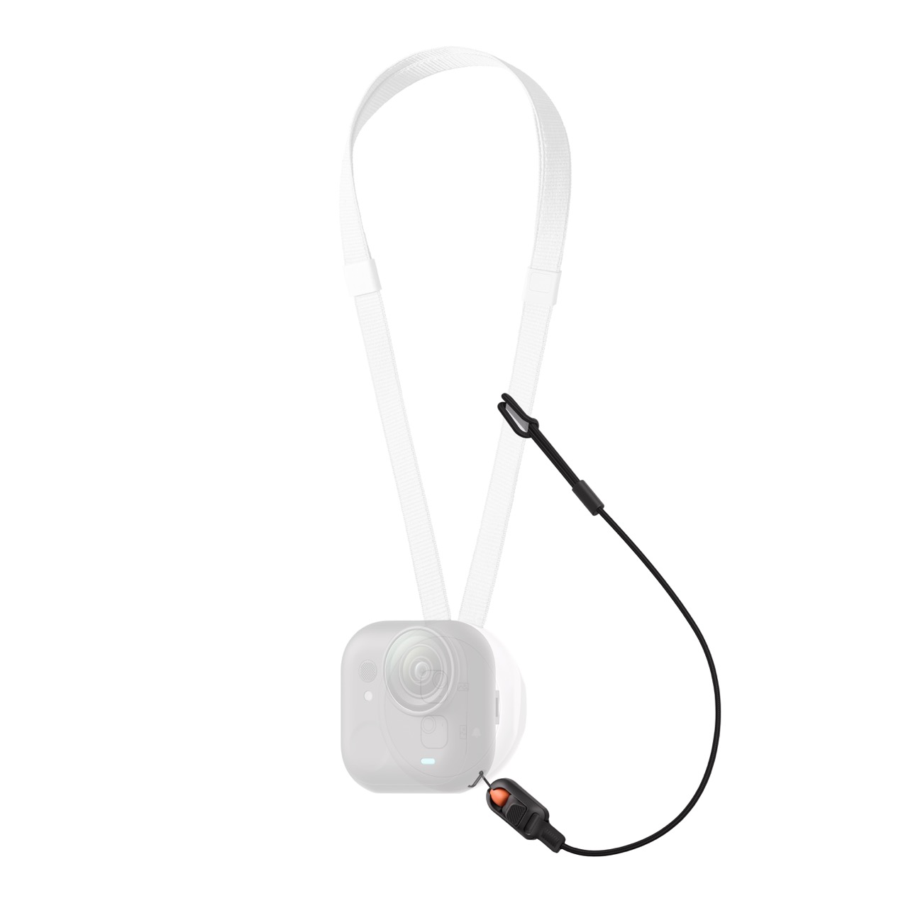 Insta360 Schnellspann-Sicherheitskordel für Insta360 GO Ultra in Anwendung an Kamera mit Befestigungsschlaufe