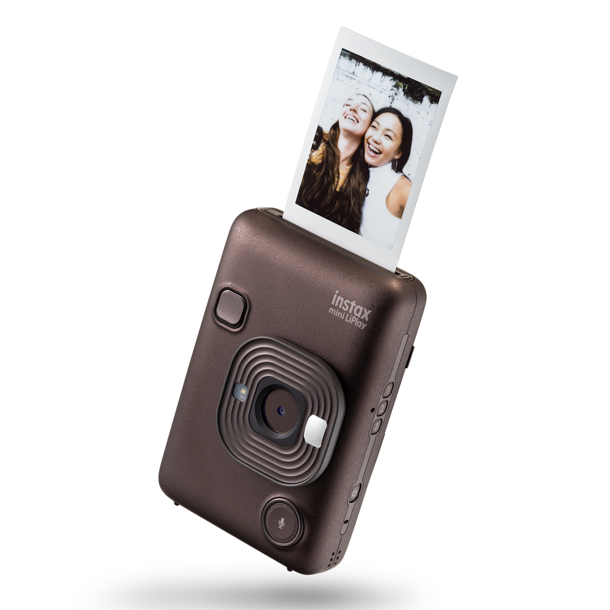 Fujifilm Instax Mini LiPlay Deep Bronze – Frontansicht mit ausgegebenem Sofortbild und integriertem Objektiv