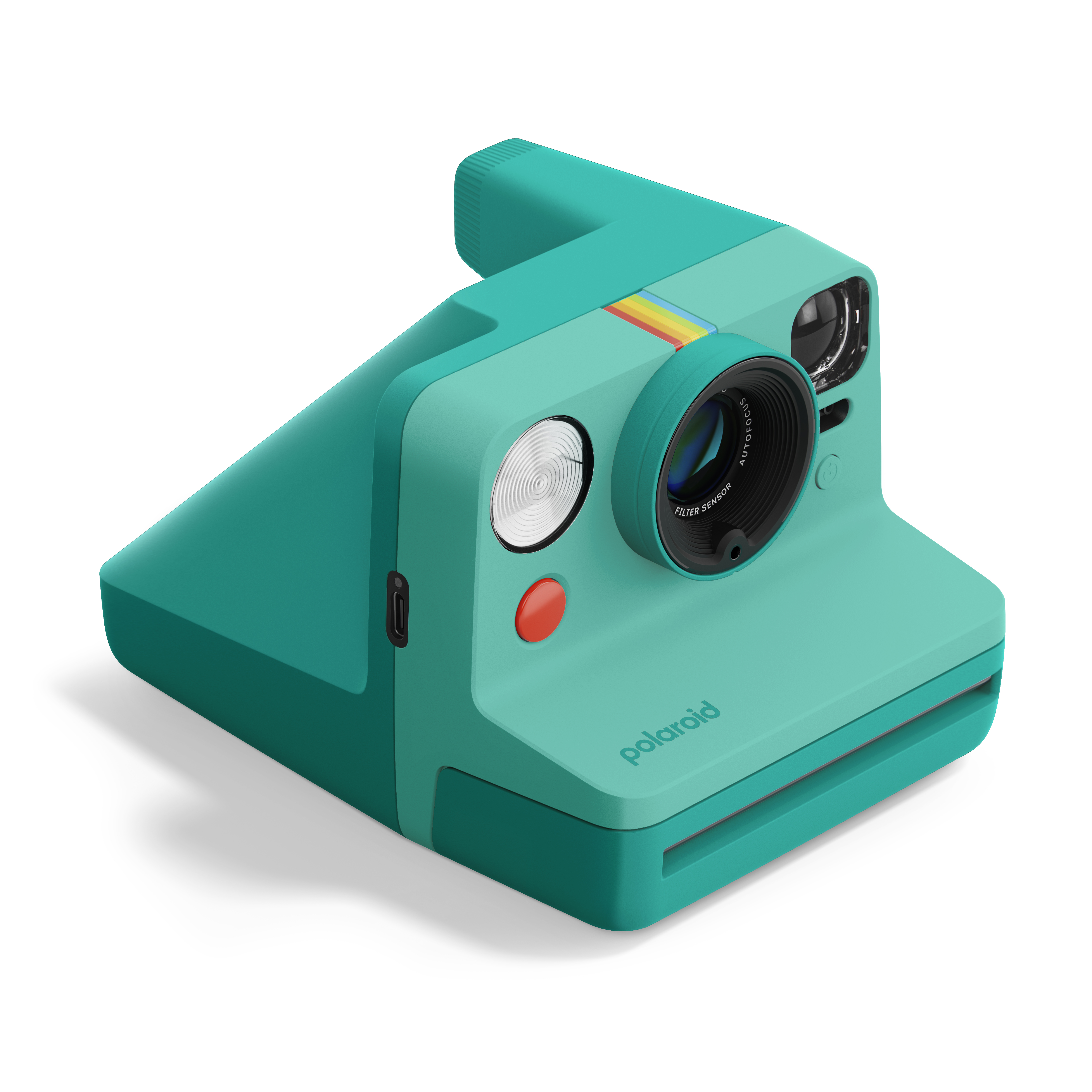 Polaroid Now Generation 3 in Tale – schräge Vorderansicht mit Objektiv und Blitz