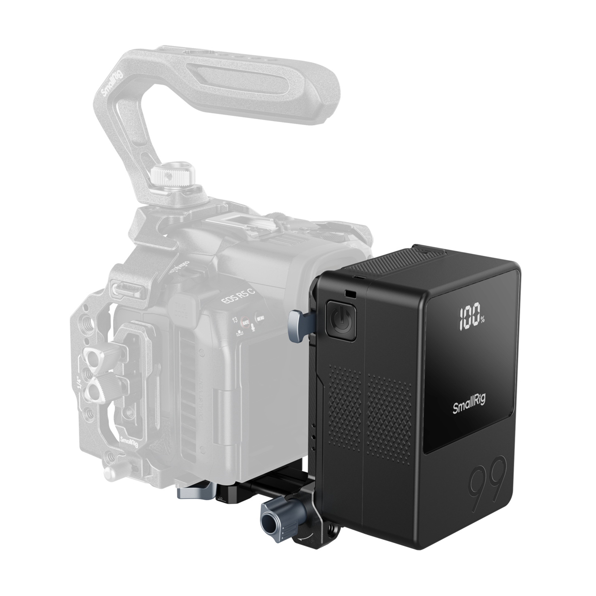 SmallRig 5048 VB99 Mini V-Mount Akku – montiert an Kamera-Rig zur Stromversorgung im Einsatz