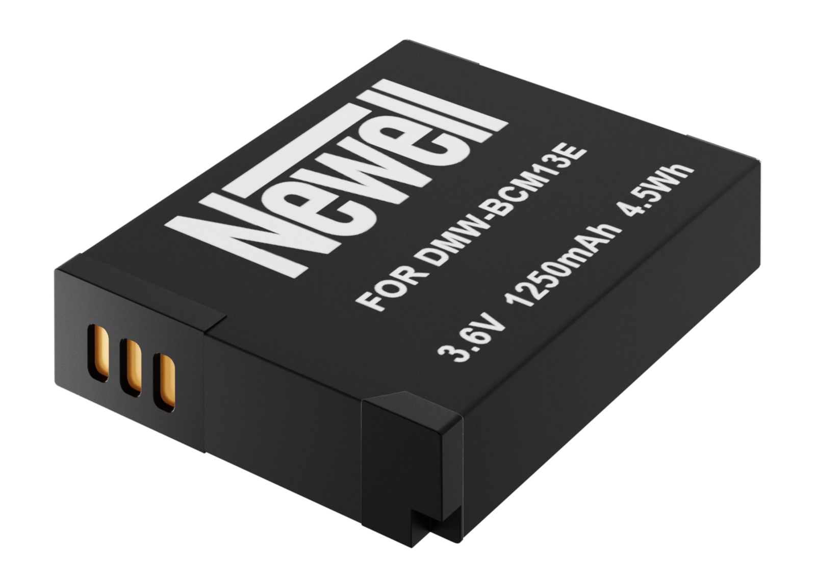 Newell DMW-BCM13E Ersatzakku für Panasonic – schräge Ansicht des Lithium-Ionen-Akkus mit Kontakten und Beschriftung