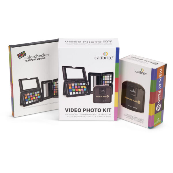 Calibrite Video Photo Kit – Vorderansicht der Verpackungen mit ColorChecker Passport und Display Plus HL