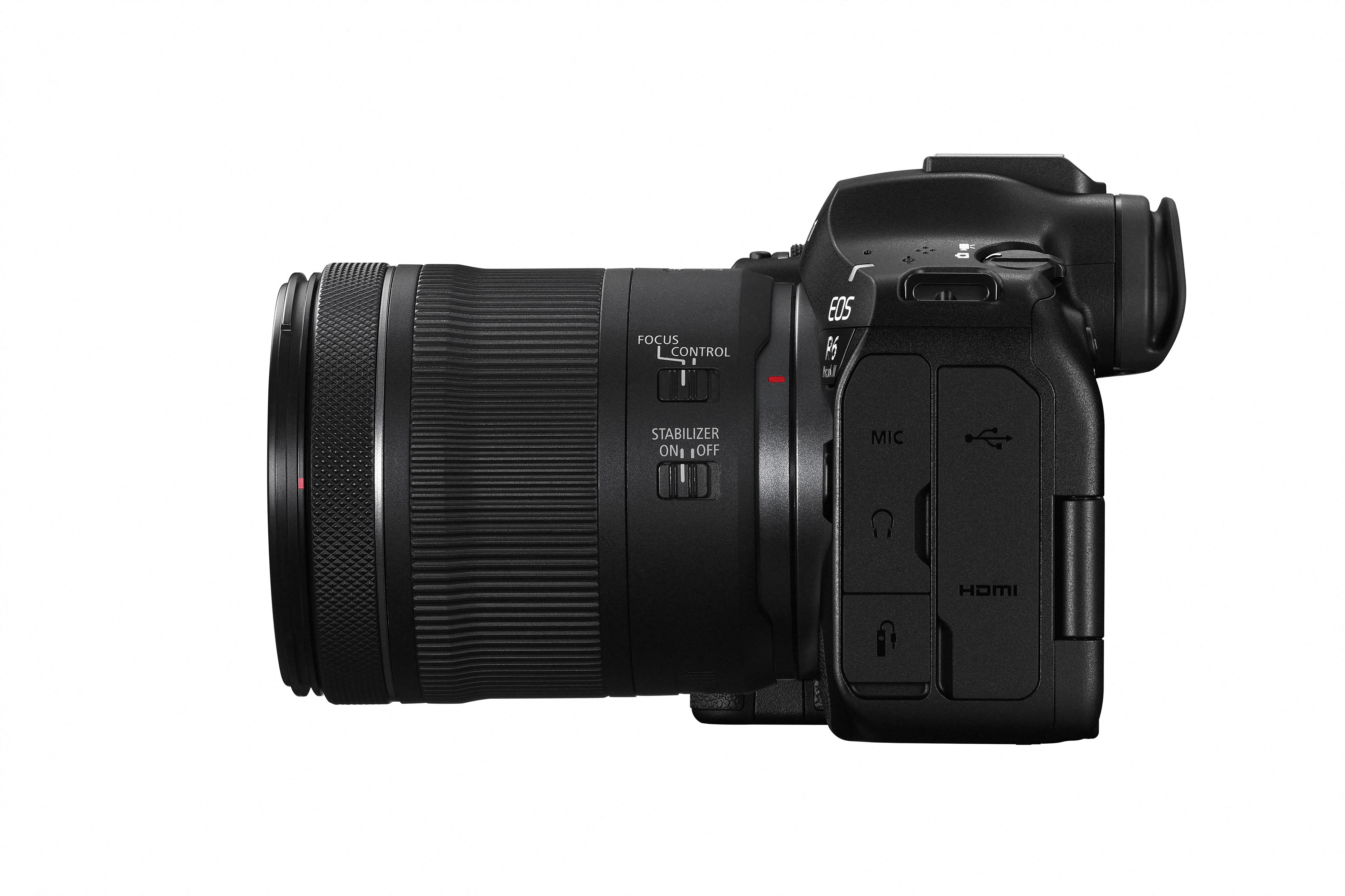 EOS R6 Mark III + RF 24-105mm F4-7.1 IS STM Canon EOS R6 Mark III mit RF 24-105mm F4-7.1 IS STM – linke Seitenansicht