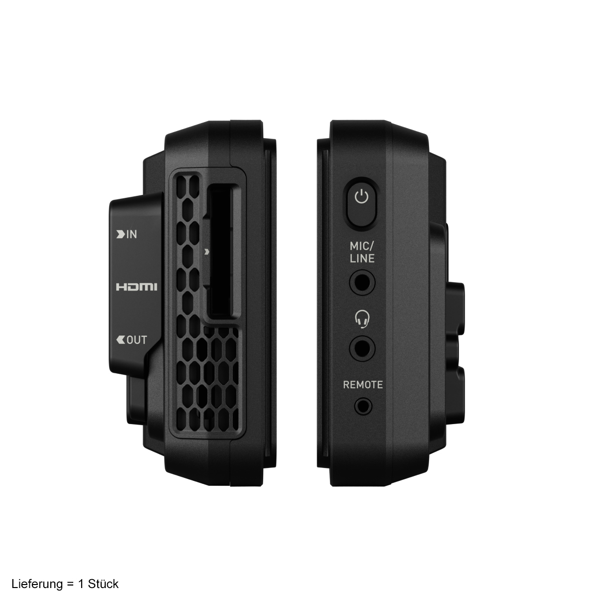 Atomos Ninja 5 Zoll HDMI Monitor-Recorder – Seitenansicht mit HDMI-, Audio- und Remote-Anschlüssen