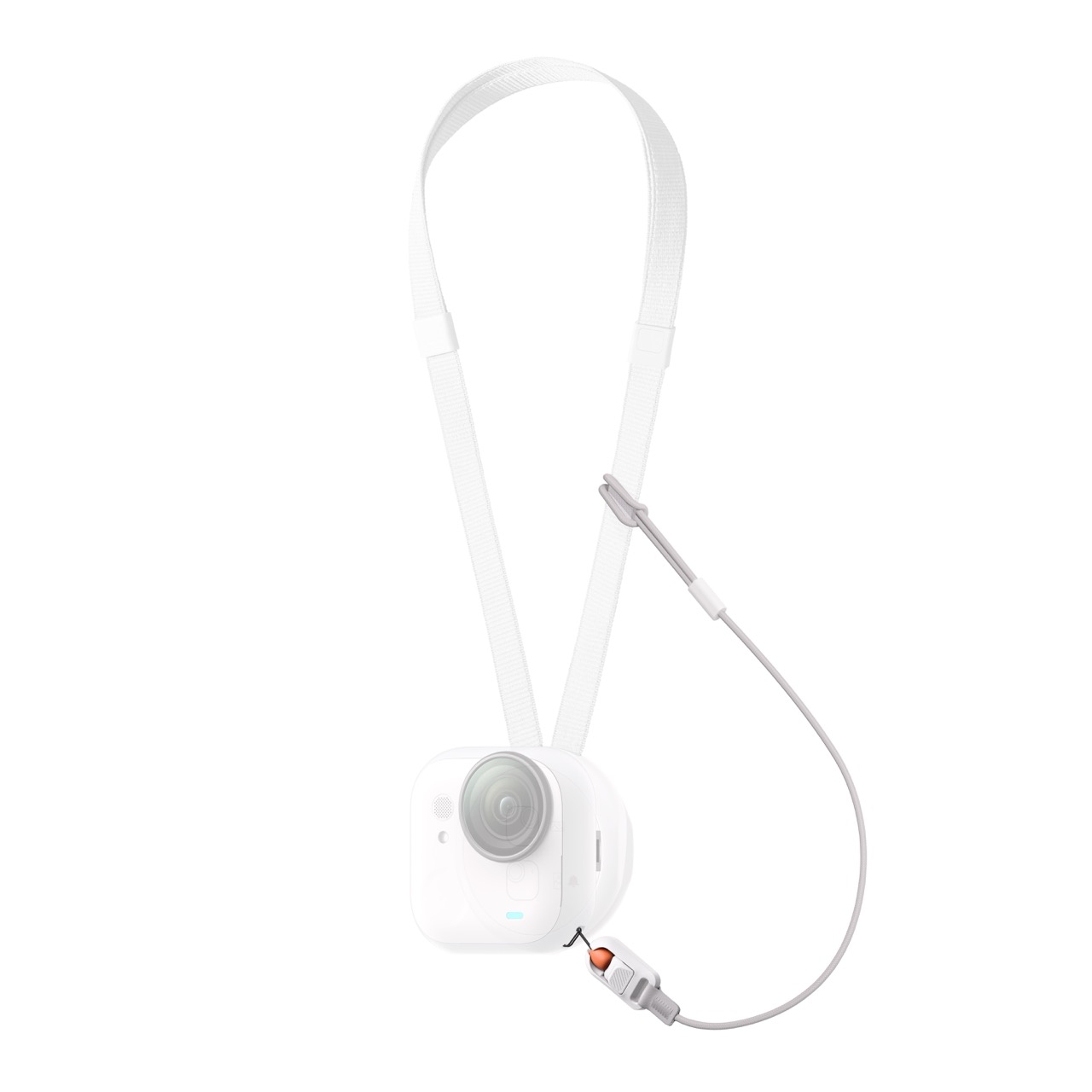 Insta360 GO Ultra Schnellspann-Sicherheitskordel in Grau mit befestigter Kamera, sichere Befestigung am Trageband