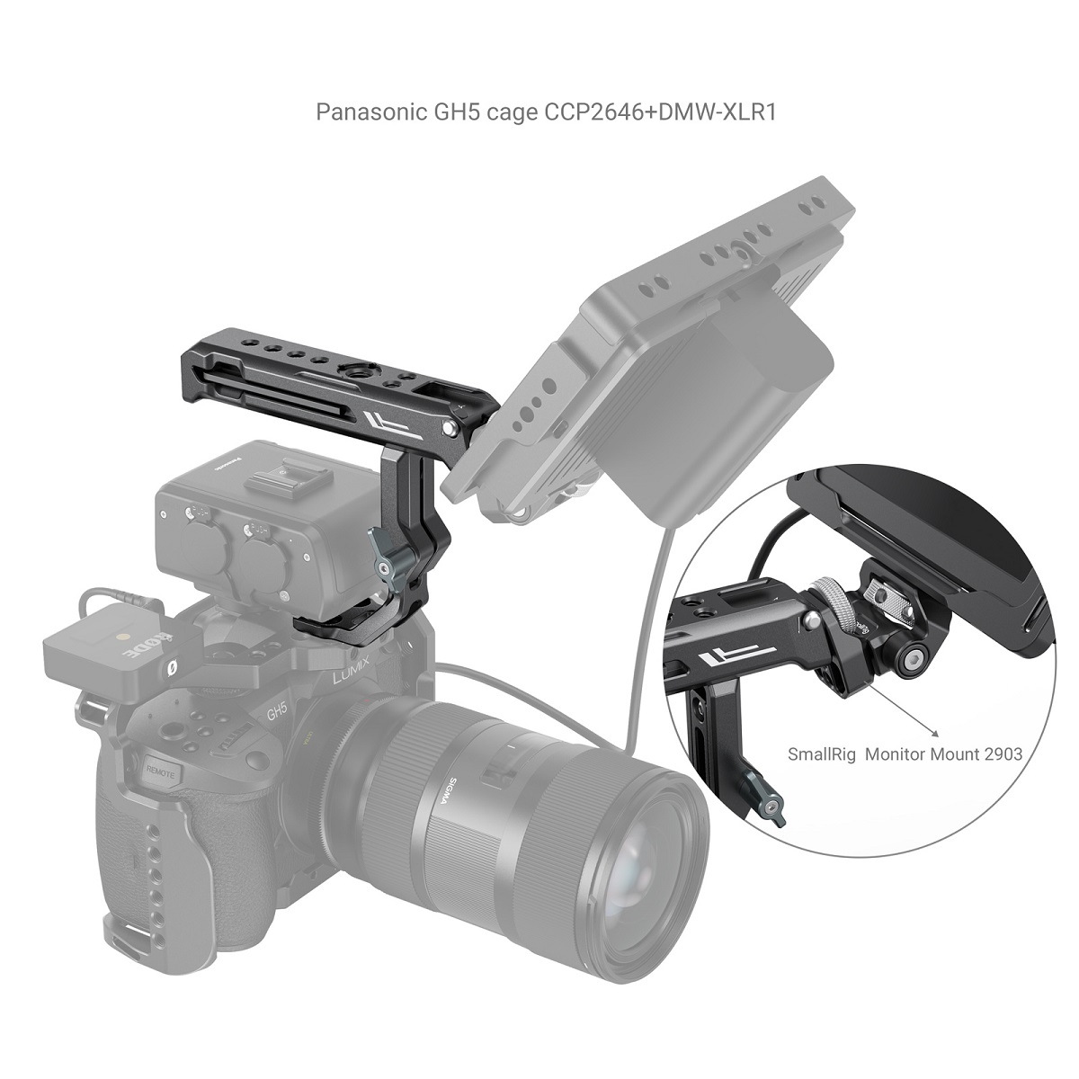 SmallRig 3082 Top Handle für Sony XLR-K1M/K2M/K3M/DMW-XLR1 – Detailansicht der Monitorhalterung und Verstellmechanik
