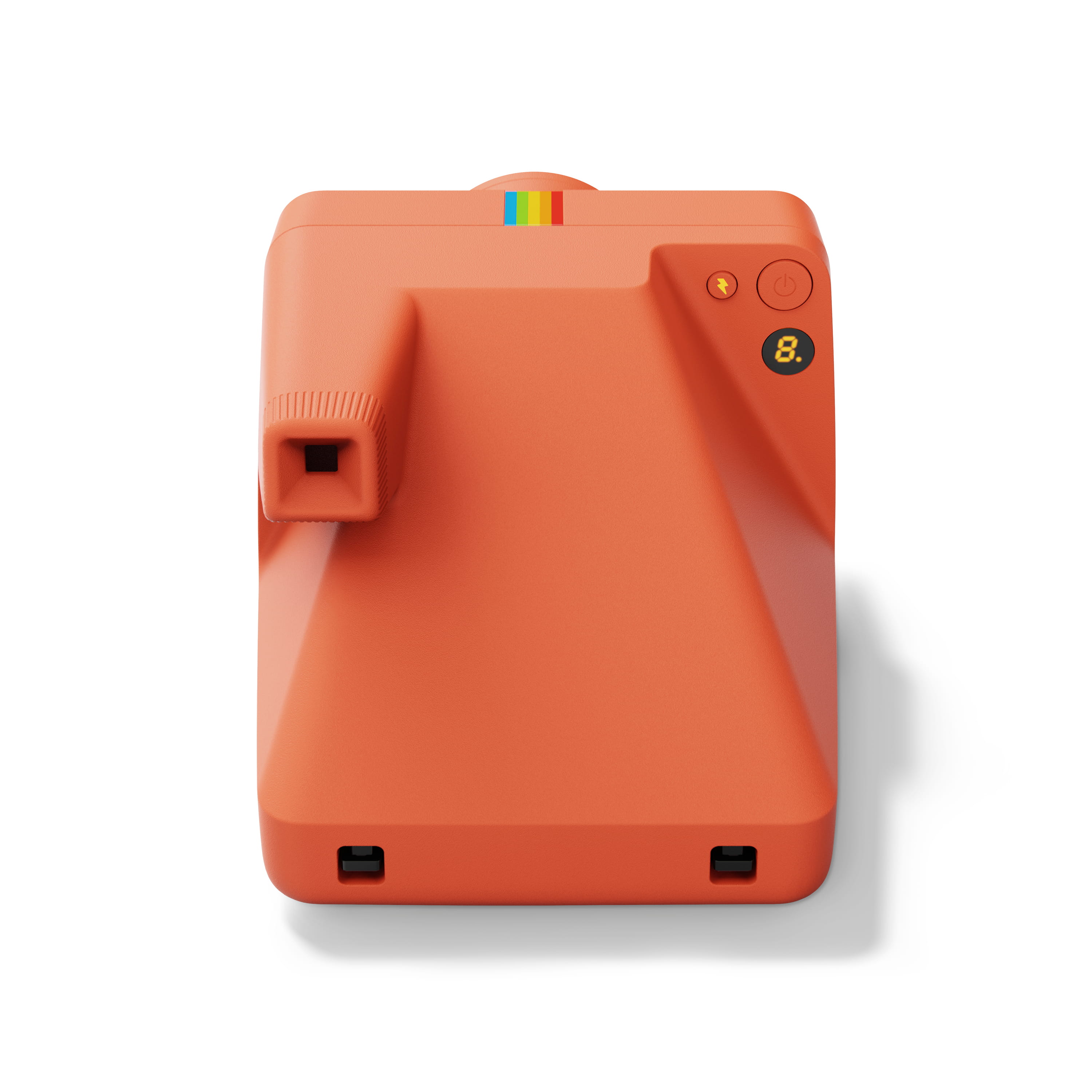 Polaroid Now Gen 3 Plus orange – Draufsicht mit Sucher, Tasten und farbigem Streifen oben