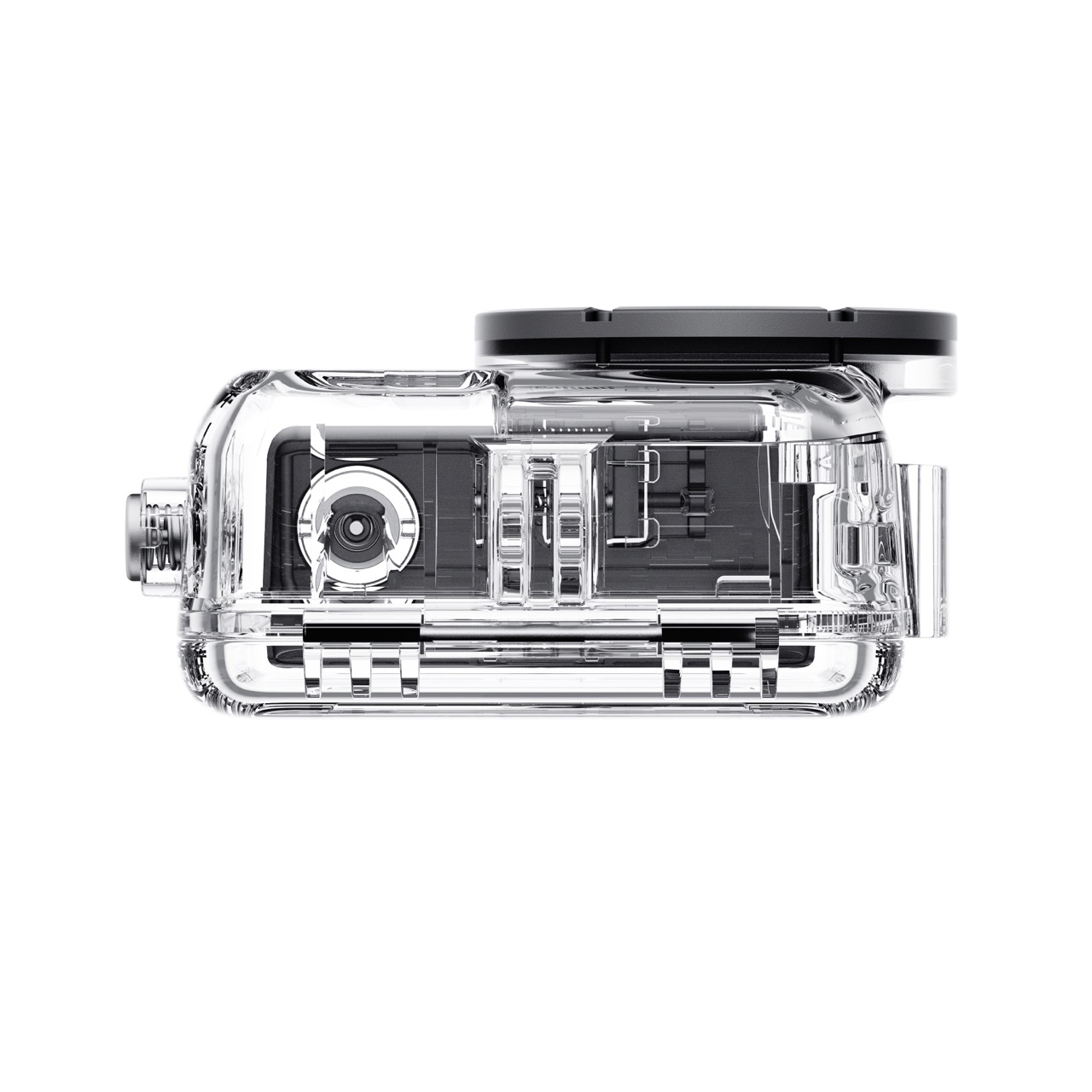 Insta360 Tauchgehäuse für Insta360 GO Ultra, Rückseite mit Verschlussmechanismus und Gehäusedetails