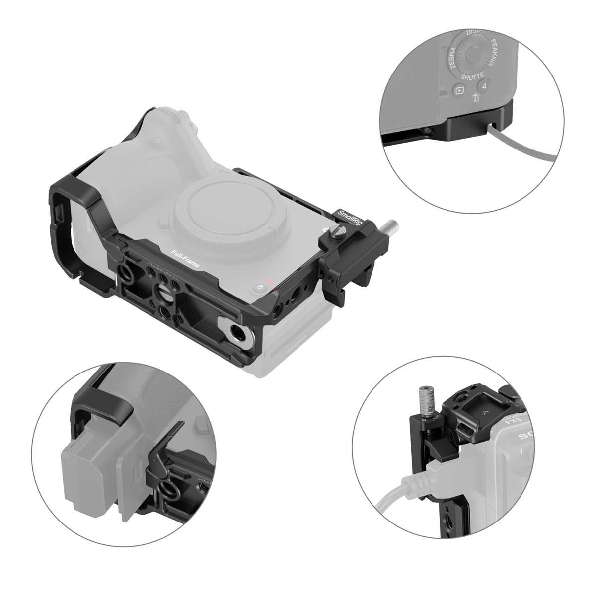 mallRig 4183 Cage für Sony FX3 und FX30 mit Detailansichten der Kabeldurchführung und Batteriezugänglichkeit