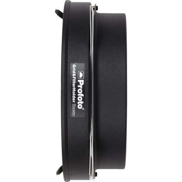 Profoto Grid & Filterhalter Kit – Seitenansicht des runden Halters mit Rahmen und Befestigungsmechanismus.