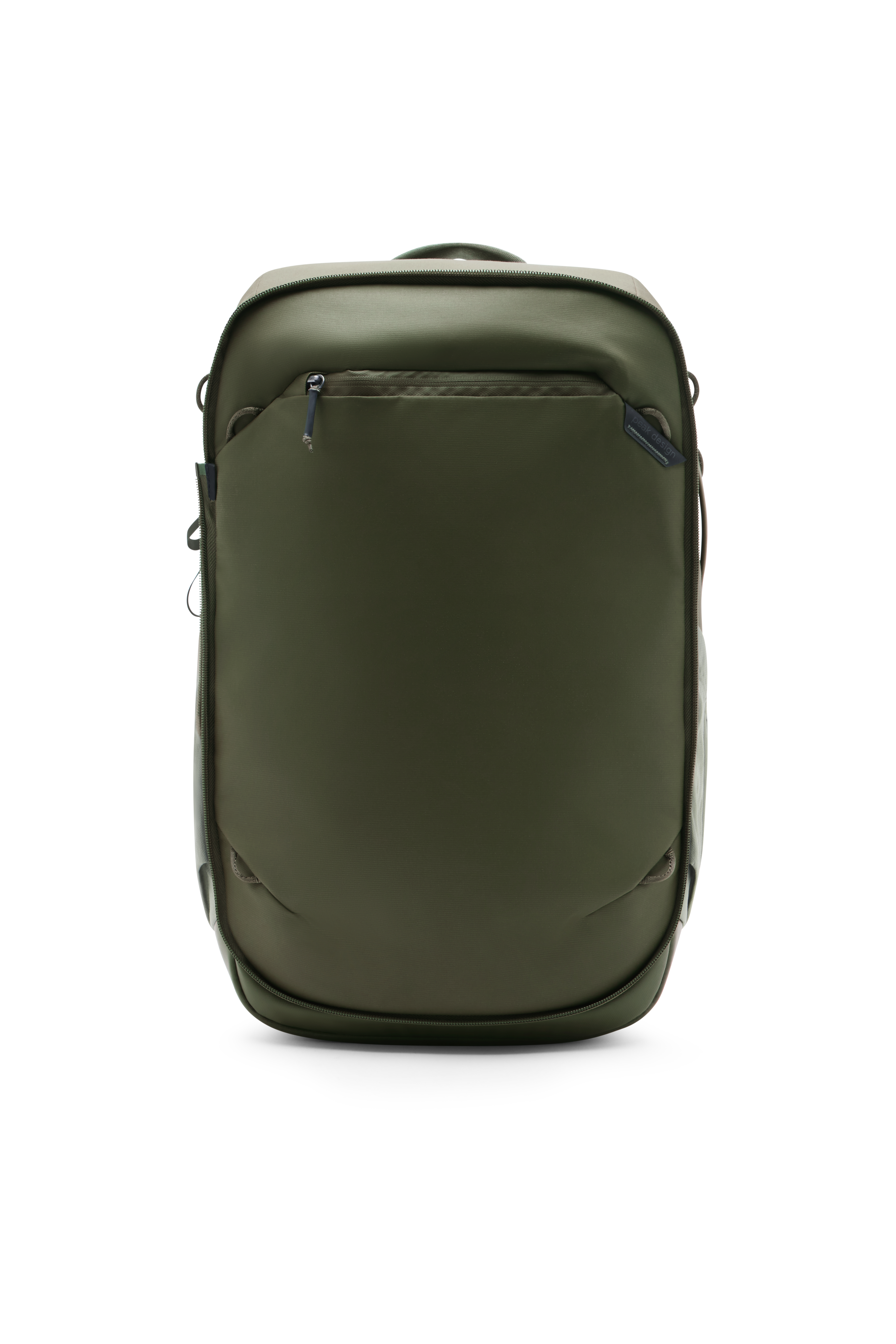 Peak Design Travel Backpack 2in1 in Moon, Vorderansicht des kompakten Reiserucksacks mit Frontfach.