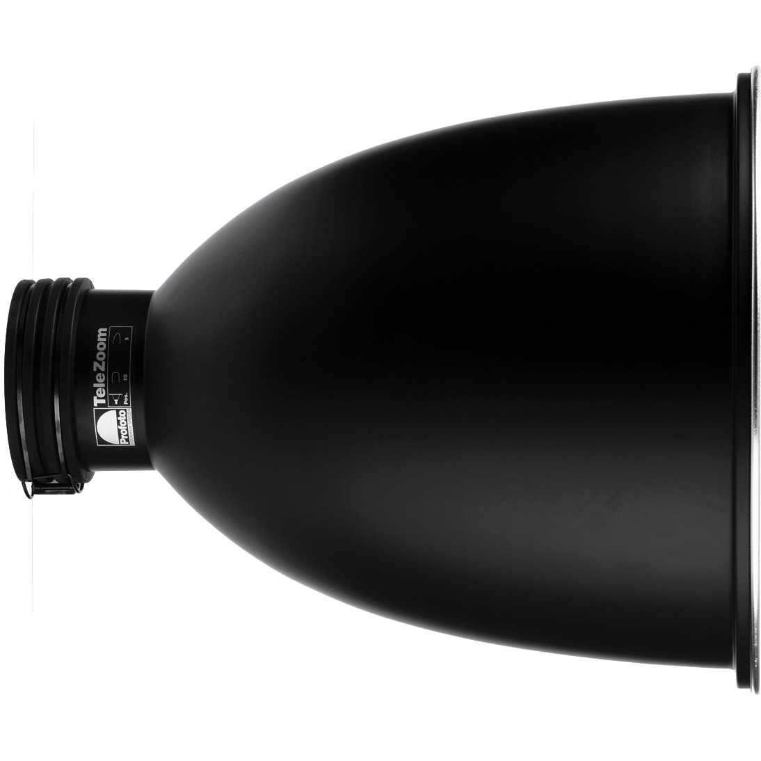 Profoto TeleZoom Reflector in Seitenansicht mit Profoto-Anschluss und langem Reflektorkörper zur Lichtbündelung.