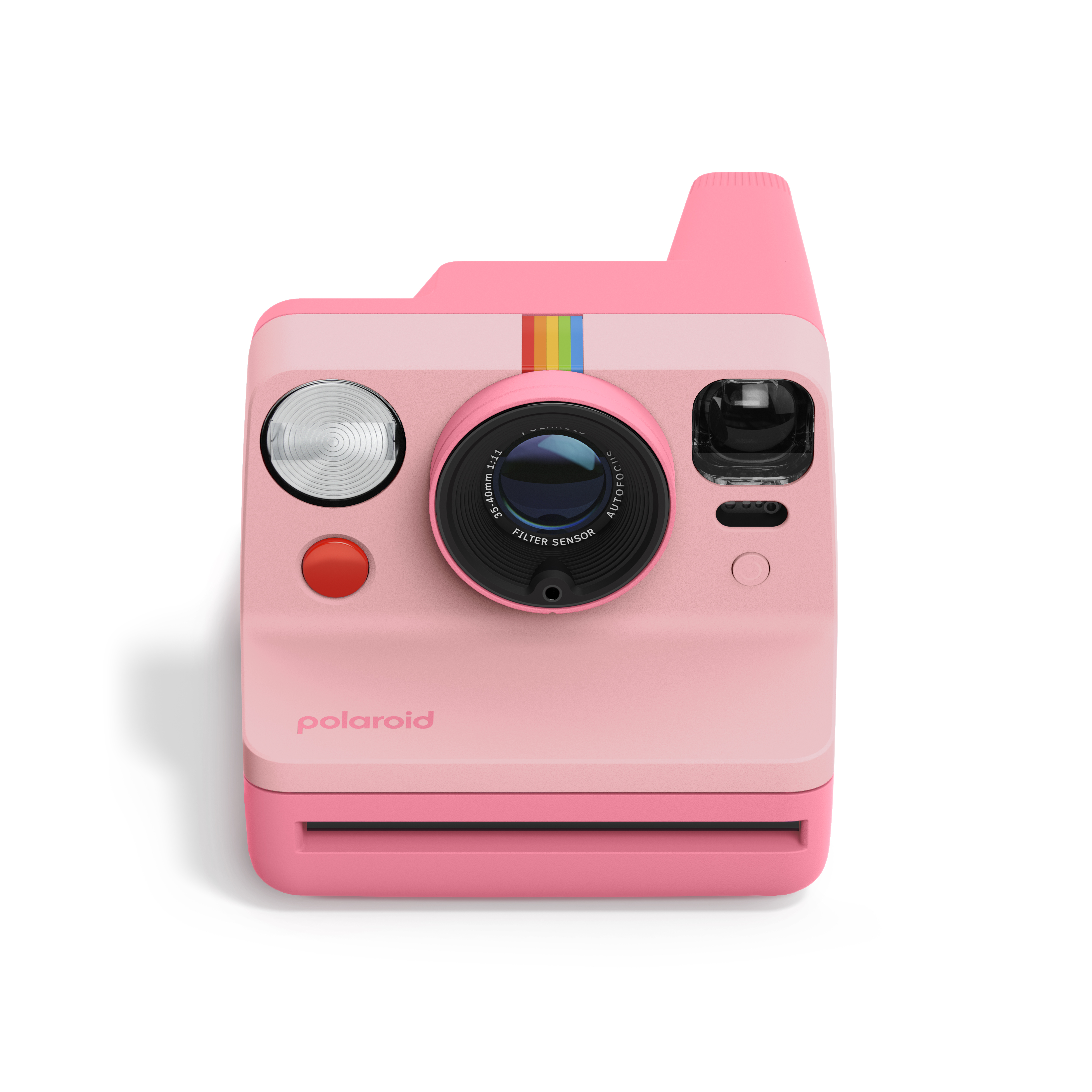 Polaroid Now Generation 3 in Pink – Vorderansicht mit Objektiv, Blitz und Filmauswurfslot
