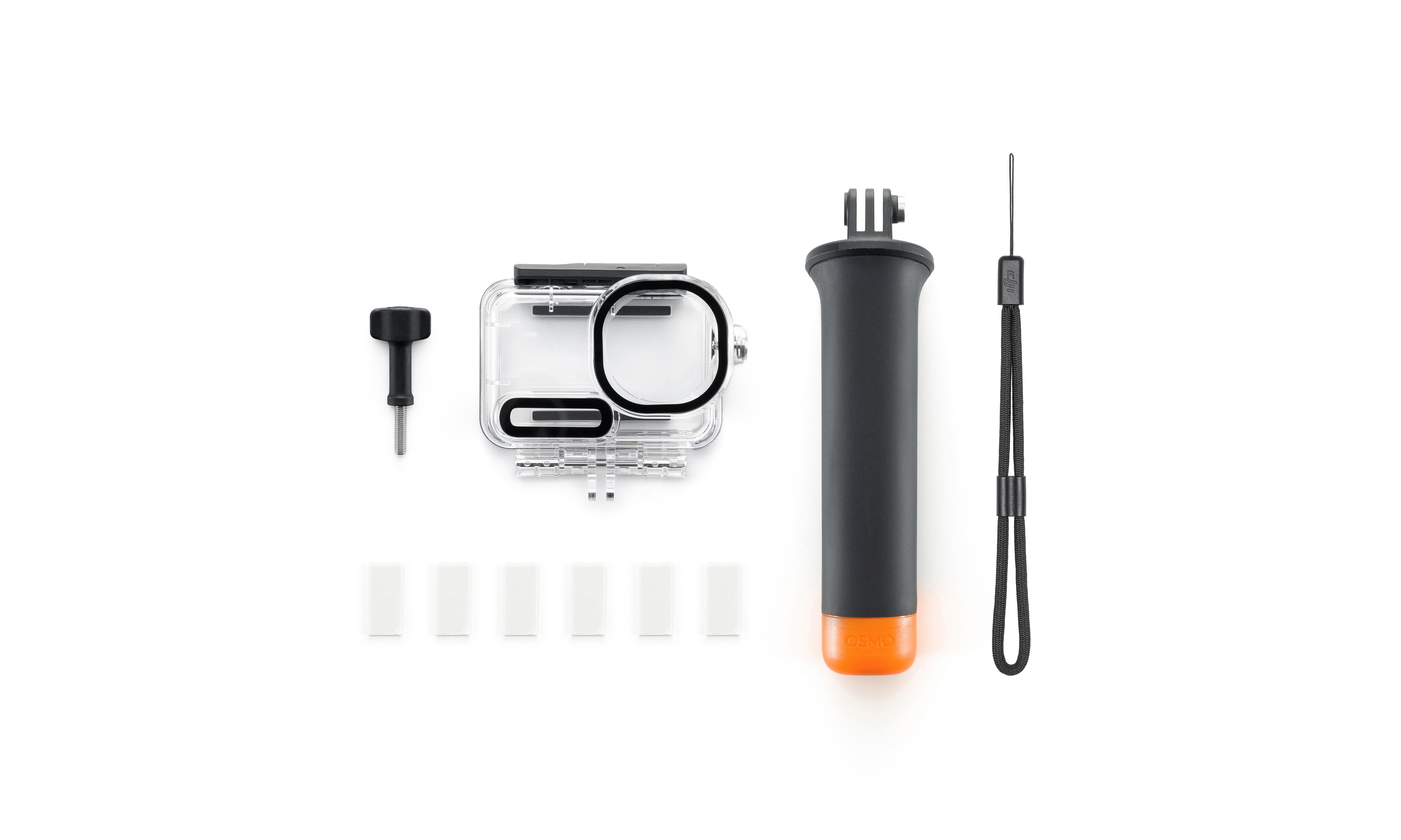 Unterwasser-Set für DJI Osmo Action 6 DJI Osmo Action 6 Floating Handle Kit – Kamera im Schutzgehäuse auf montiertem Schwimmhandgriff in Frontansicht