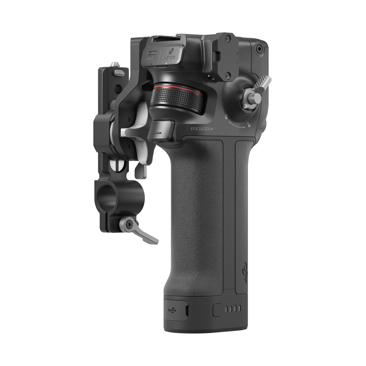 DJI Focus Pro Handgriff in schräger linker Ansicht mit Fokus-/Zoomrad, Montagepunkt und ergonomischem Griffdesign