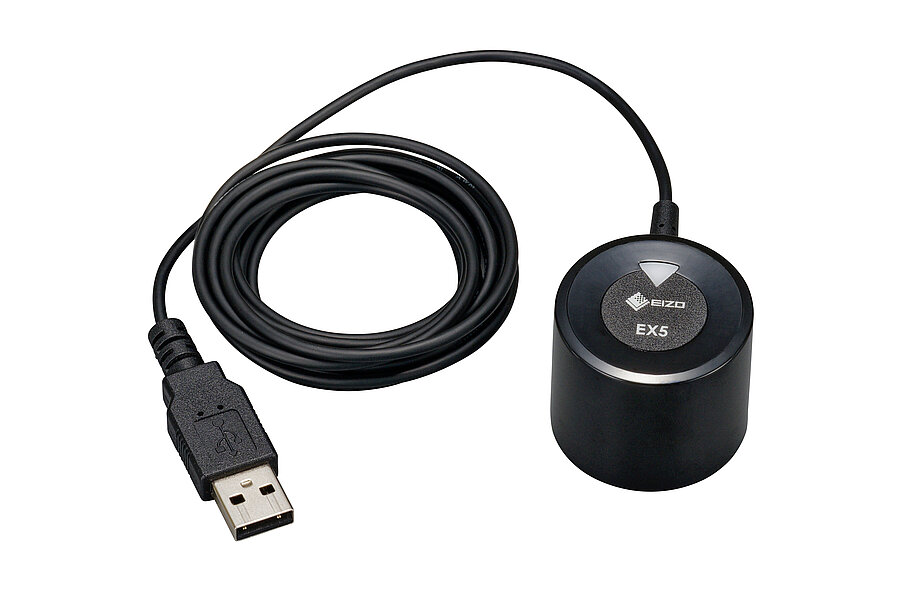 Eizo EX5 Kalibrierungssensor mit USB-Anschluss und aufgewickeltem Kabel in Vorderansicht