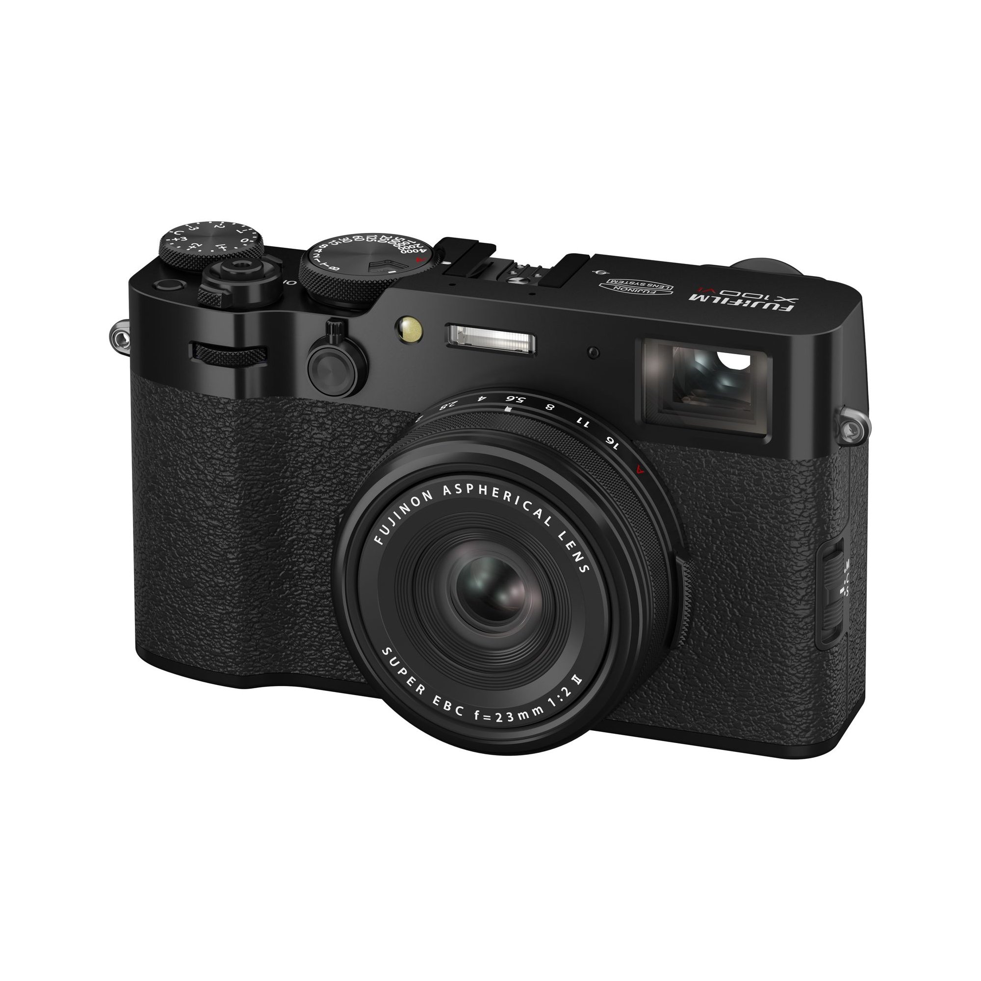 Fujifilm X100VI in Schwarz – schräge Vorderansicht mit Objektiv, Sucher und Bedienelementen