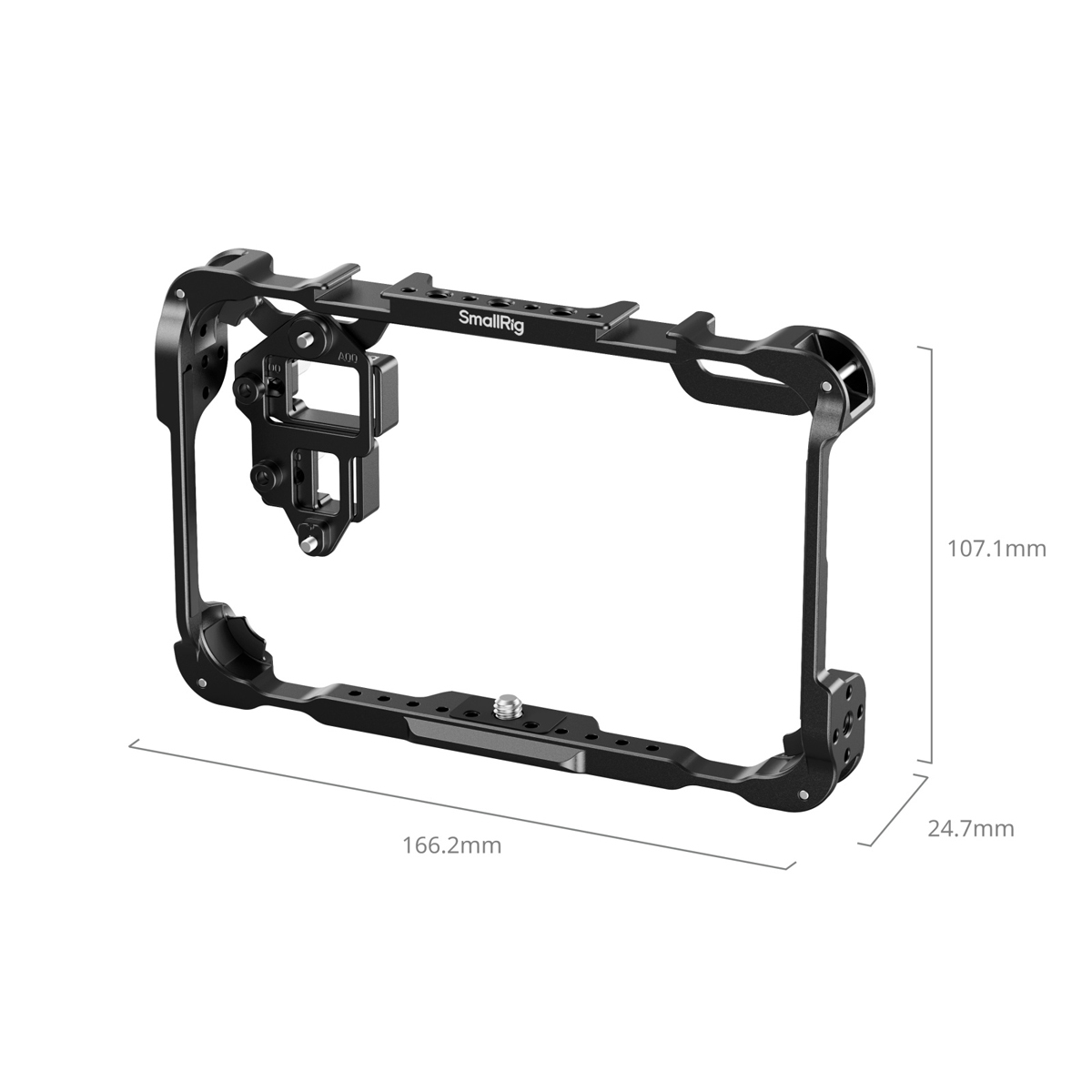 SmallRig 5030 Monitor Cage für Atomos Shinobi II – Frontansicht mit Maßangaben zu Breite, Höhe und Tiefe