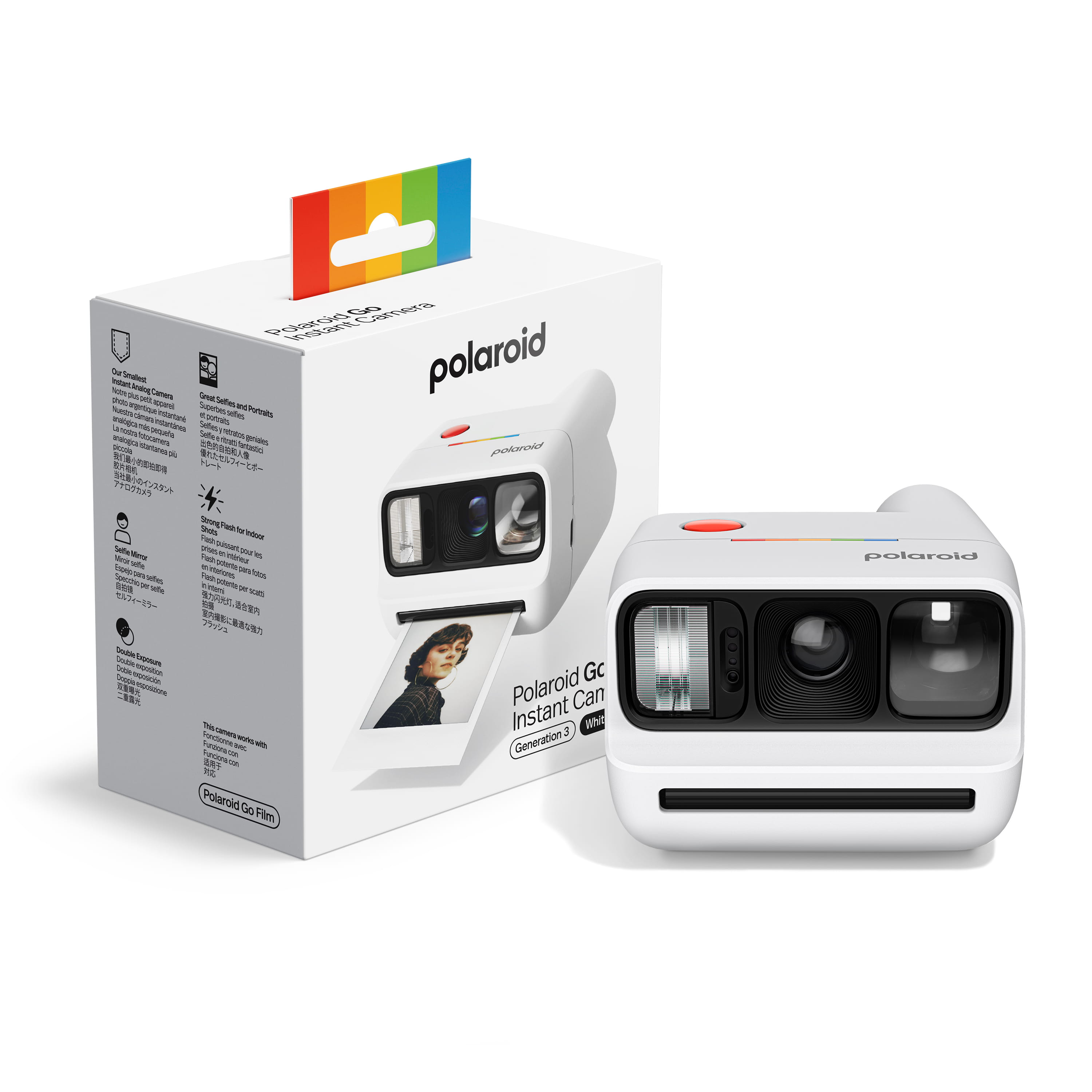 Polaroid Go Generation 3 in Weiß mit Verpackung und Lieferumfang, kompakte Sofortbildkamera im Set