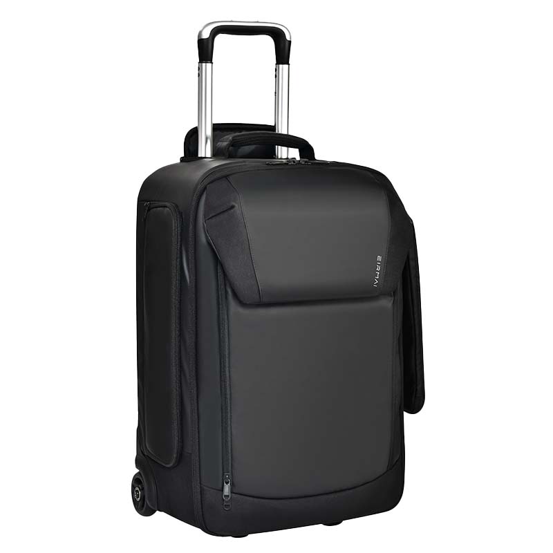 Eirmai Falcon Serie FT10 44L Kamera-Trolley in Schwarz, Vorderansicht mit geschlossenem Fach und Teleskopgriff