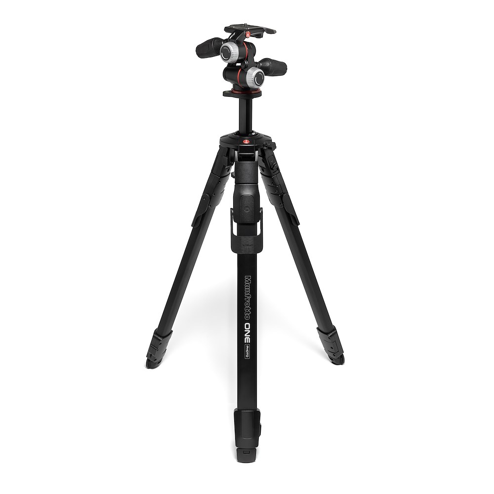 Manfrotto ONE Alu Photo-Stativ mit XPRO 3-Wege-Neiger – Rückansicht des Stativkopfs und der Stativbeine