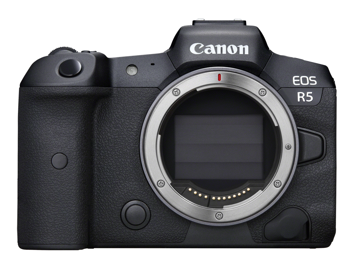 Canon EOS R5 Gehäuse in Vorderansicht mit freiliegendem RF-Bajonett und Vollformatsensor