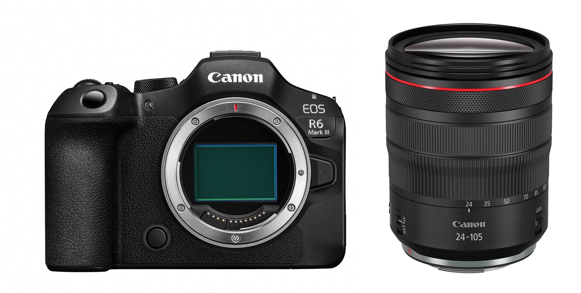EOS R6 Mark III + RF 24-105mm F4 L IS USM Canon EOS R6 Mark III mit RF 24-105mm F4 L IS USM – Vorderansicht von Kameragehäuse und L-Serie-Objektiv nebeneinander