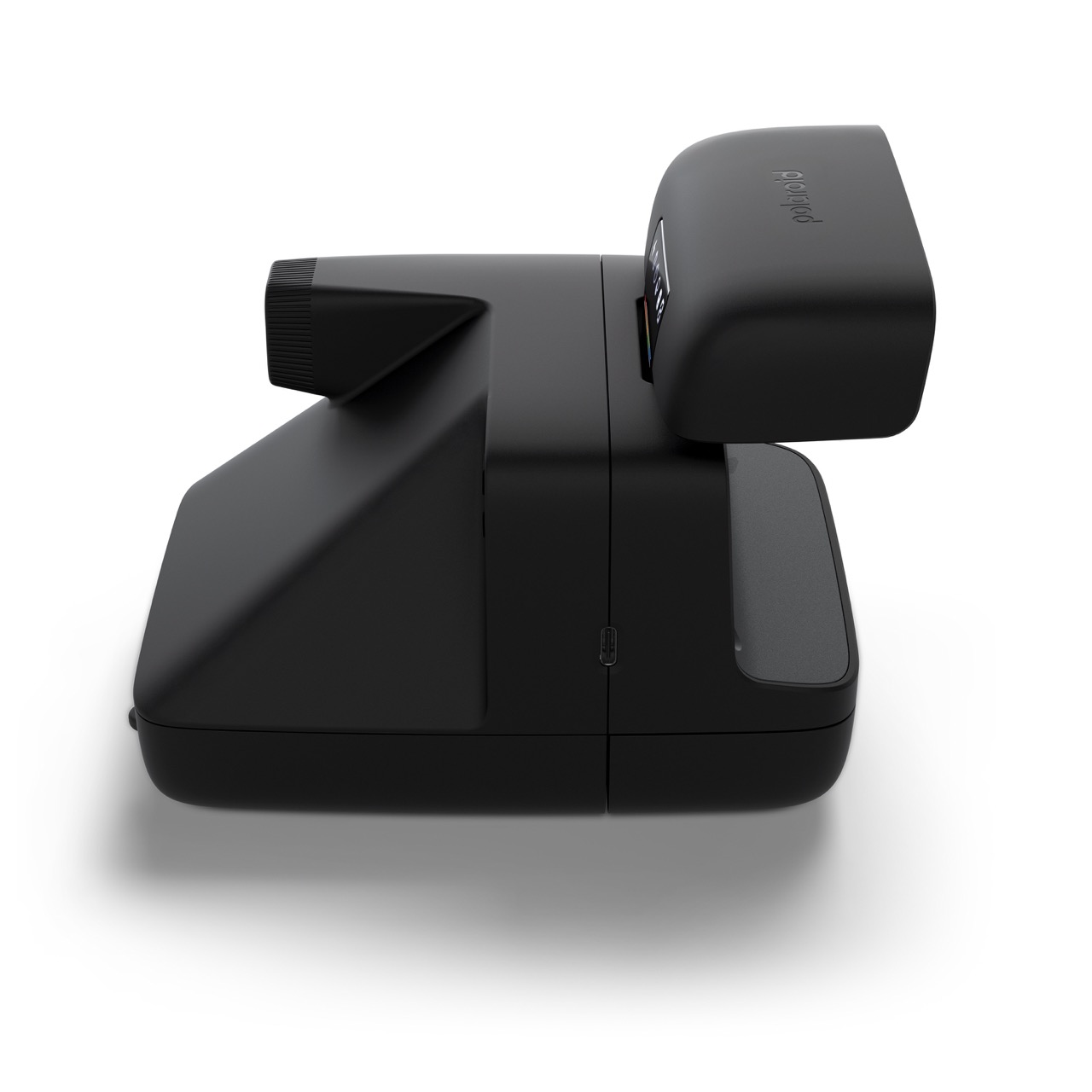 Polaroid Flip Sofortbildkamera in Schwarz – rechte Seitenansicht mit Gehäusekontur und seitlichen Bedienelementen