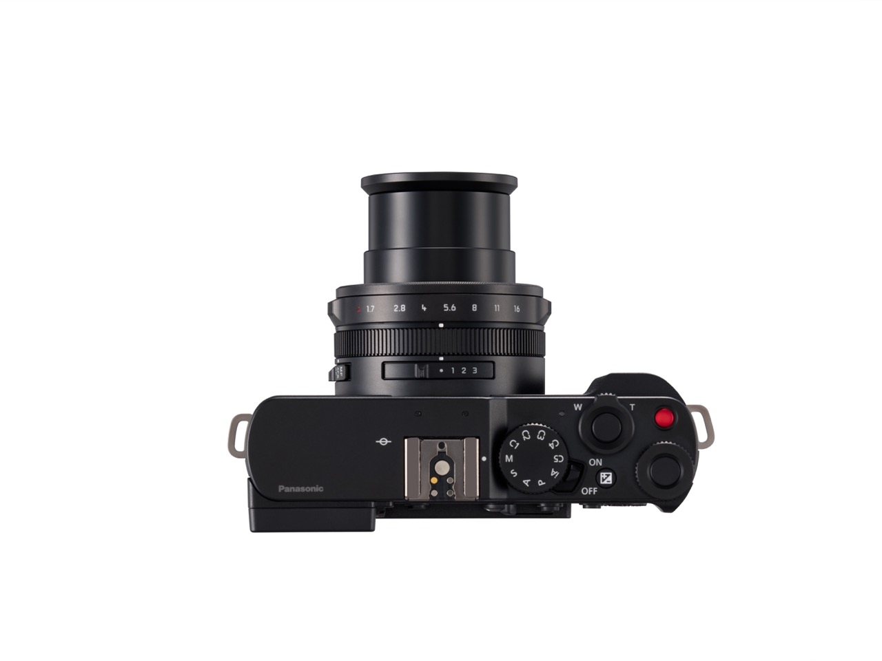Panasonic Lumix L10 in Schwarz aus Draufsicht mit teilweise ausgefahrenem Objektiv