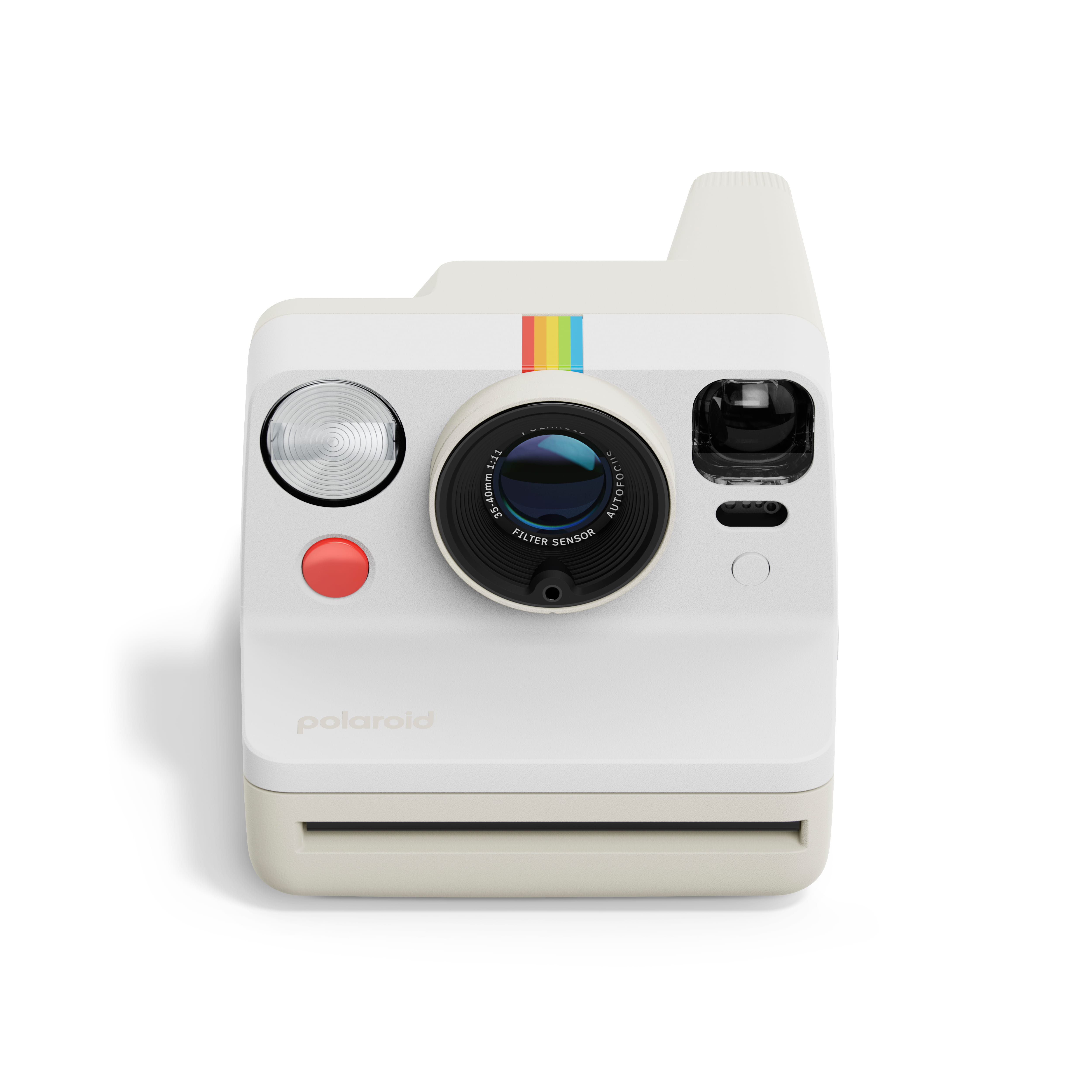 Polaroid Now Gen 3 weiß– Vorderansicht mit Objektiv, Blitz, Auslöser und Filmausgabeschlitz